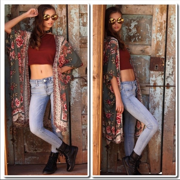 Boho Floral Print Kimono Duster with Border - Picture 3 of 6